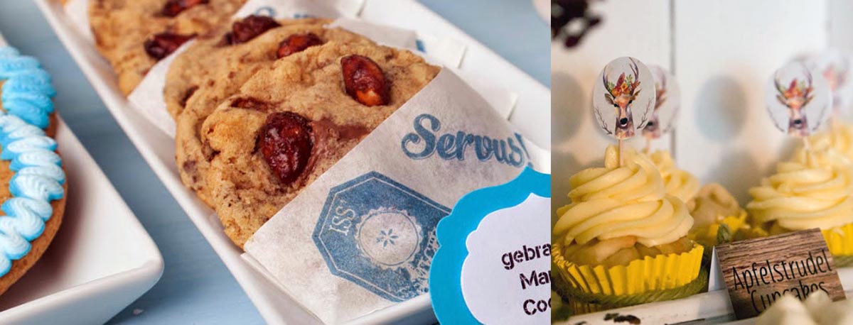 Collage 2 Bilder. Gebrannte Mandel Cookies. Apfelstrudel Cupcakes.