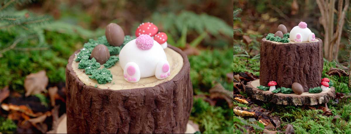 3D Ostertorte in Baumstumpfoptik mit Hasenpopo